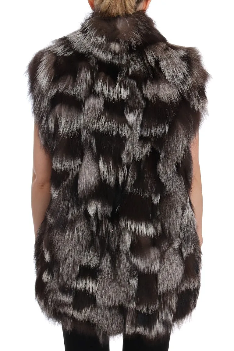 Brown White Silver Fox Fur Sleeveless Jacket