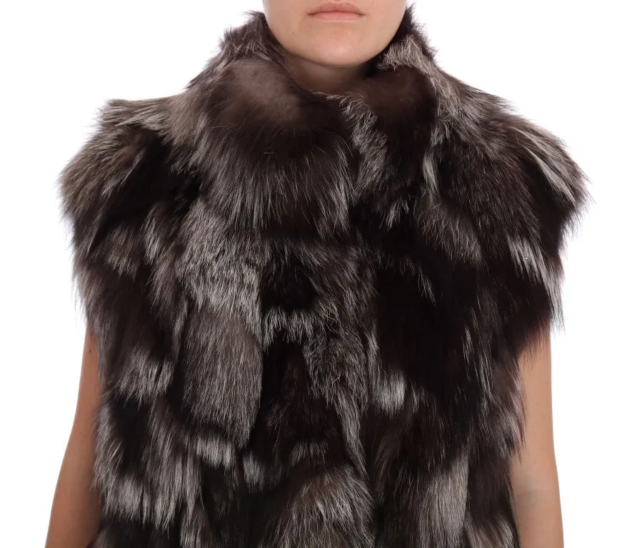 Brown White Silver Fox Fur Sleeveless Jacket