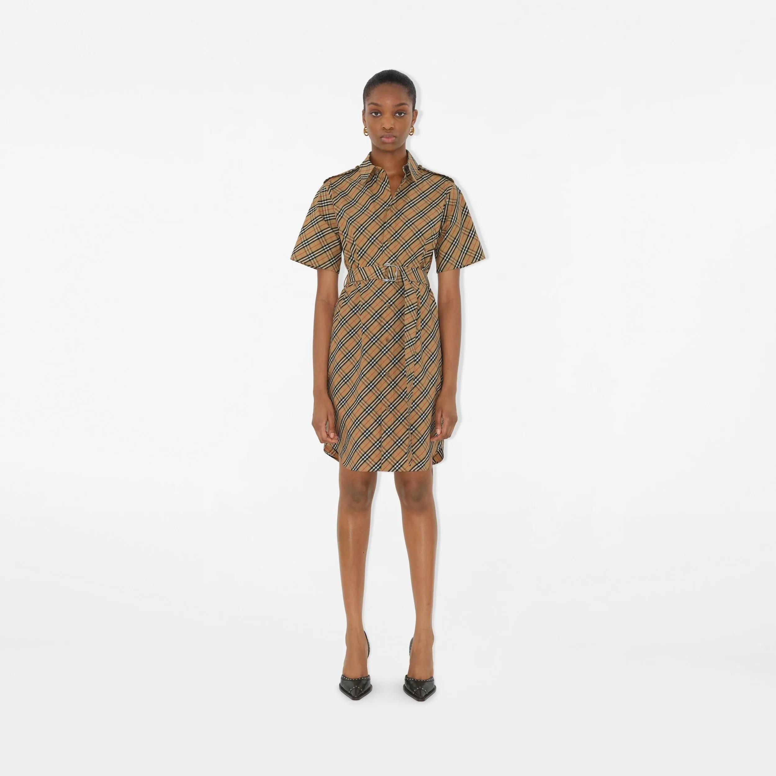 Burberry Check Cotton Shirt Dress in Sand