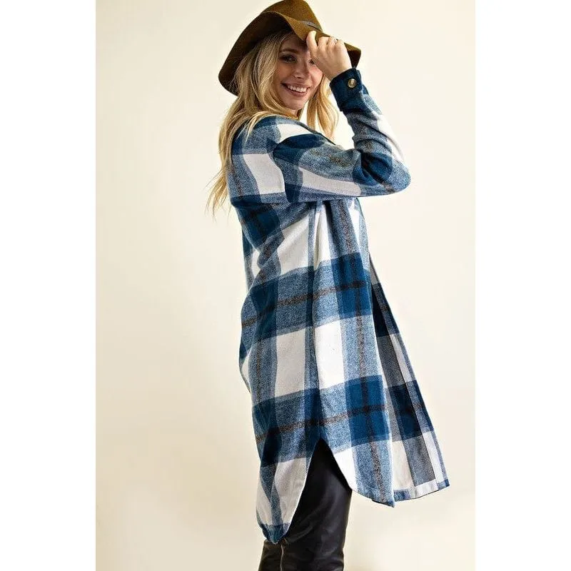 Button down plaid midi shirt jacket