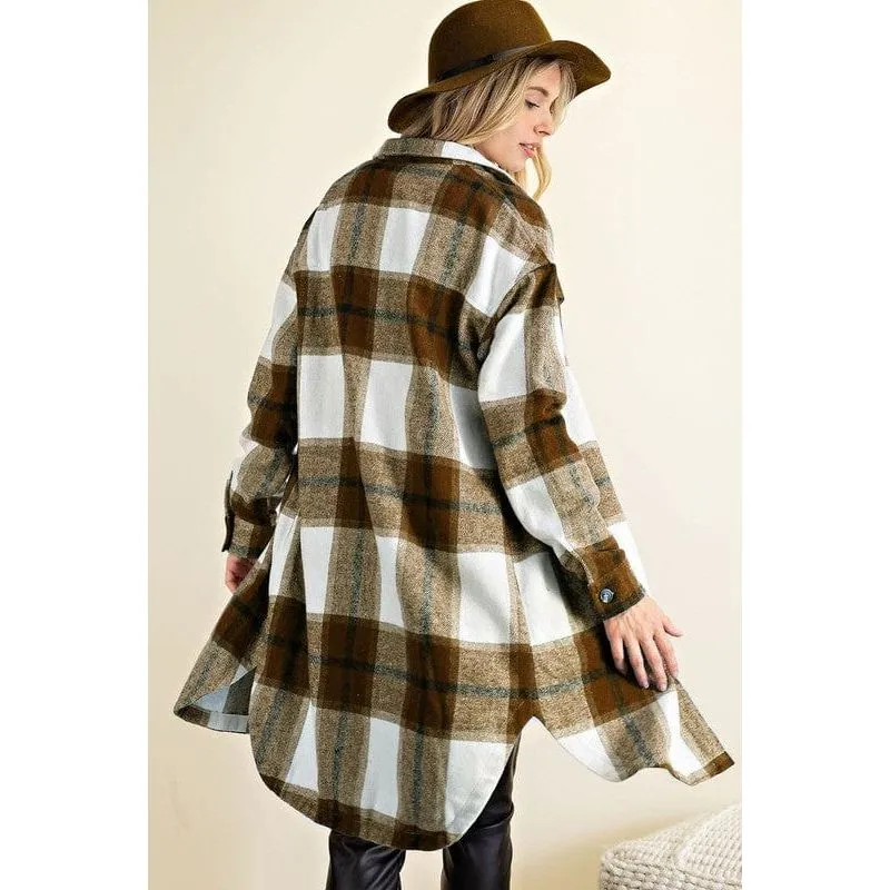 Button down plaid midi shirt jacket