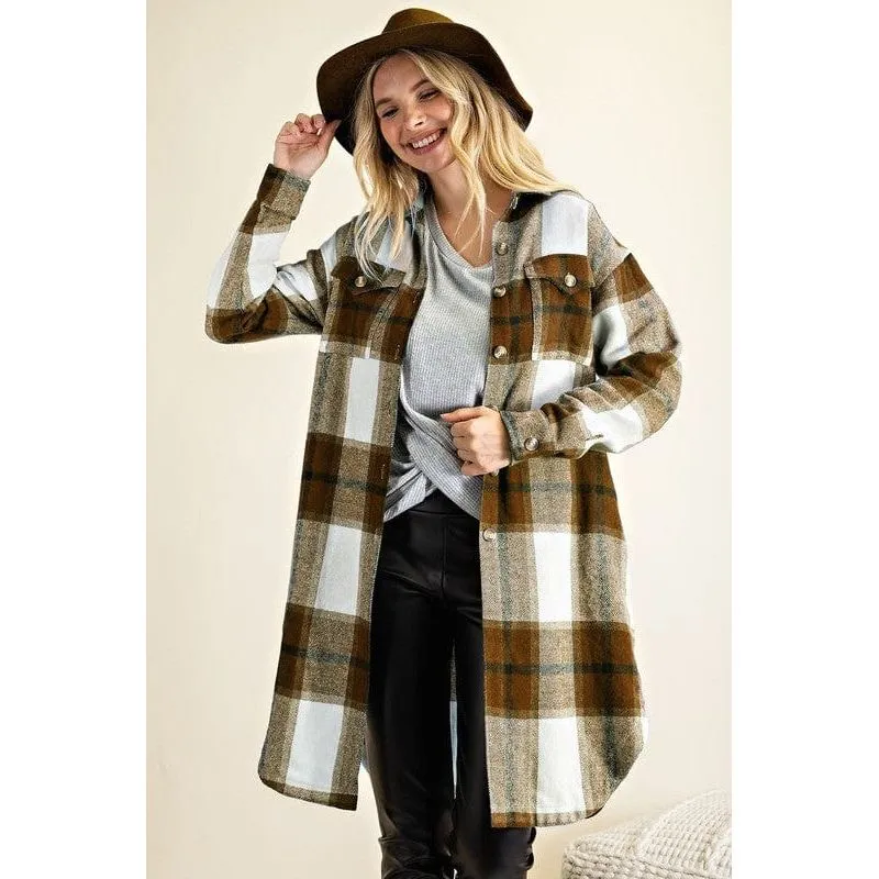 Button down plaid midi shirt jacket