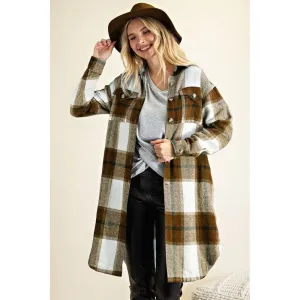 Button down plaid midi shirt jacket