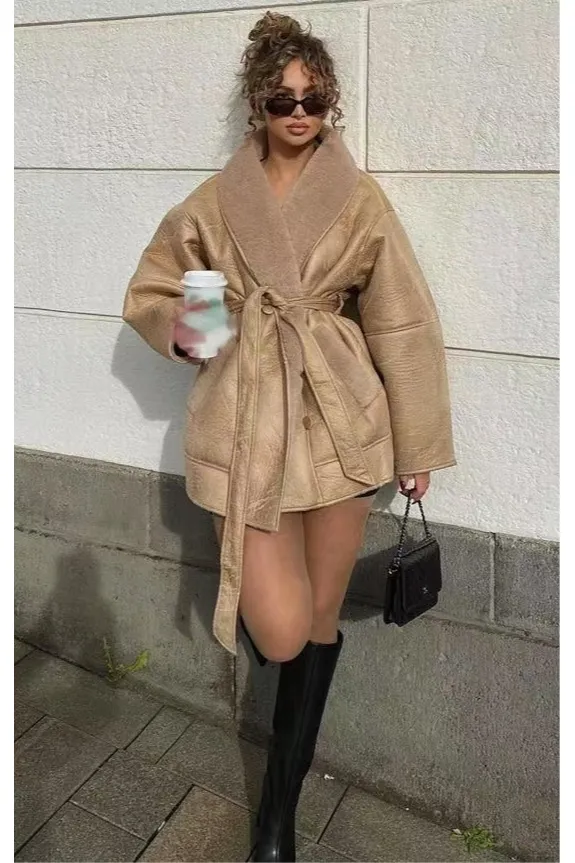 Cashmere Leather Fur Collar Composite Belt Coat