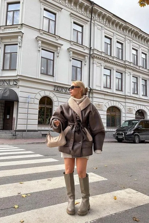 Cashmere Leather Fur Collar Composite Belt Coat