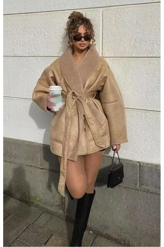 Cashmere Leather Fur Collar Composite Belt Coat