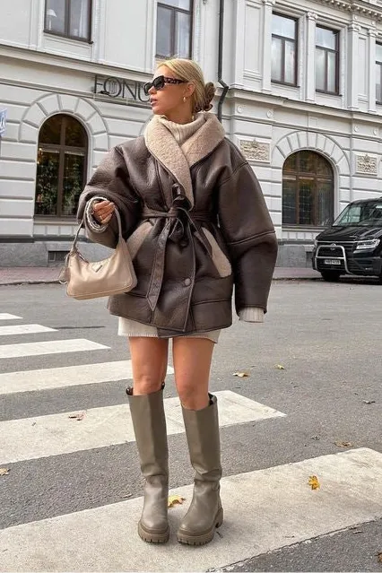 Cashmere Leather Fur Collar Composite Belt Coat