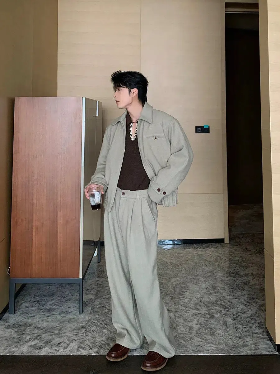 Casual Loose-Fit Woolen Jacket Pants Set