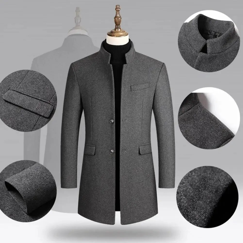 Casual Men Trench Coat Streetwear Windbreaker Coat Stand Collar Windproof Pure Color Coat  Single Breasted