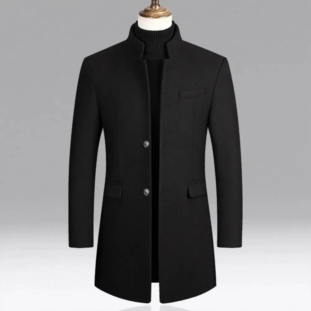 Casual Men Trench Coat Streetwear Windbreaker Coat Stand Collar Windproof Pure Color Coat  Single Breasted