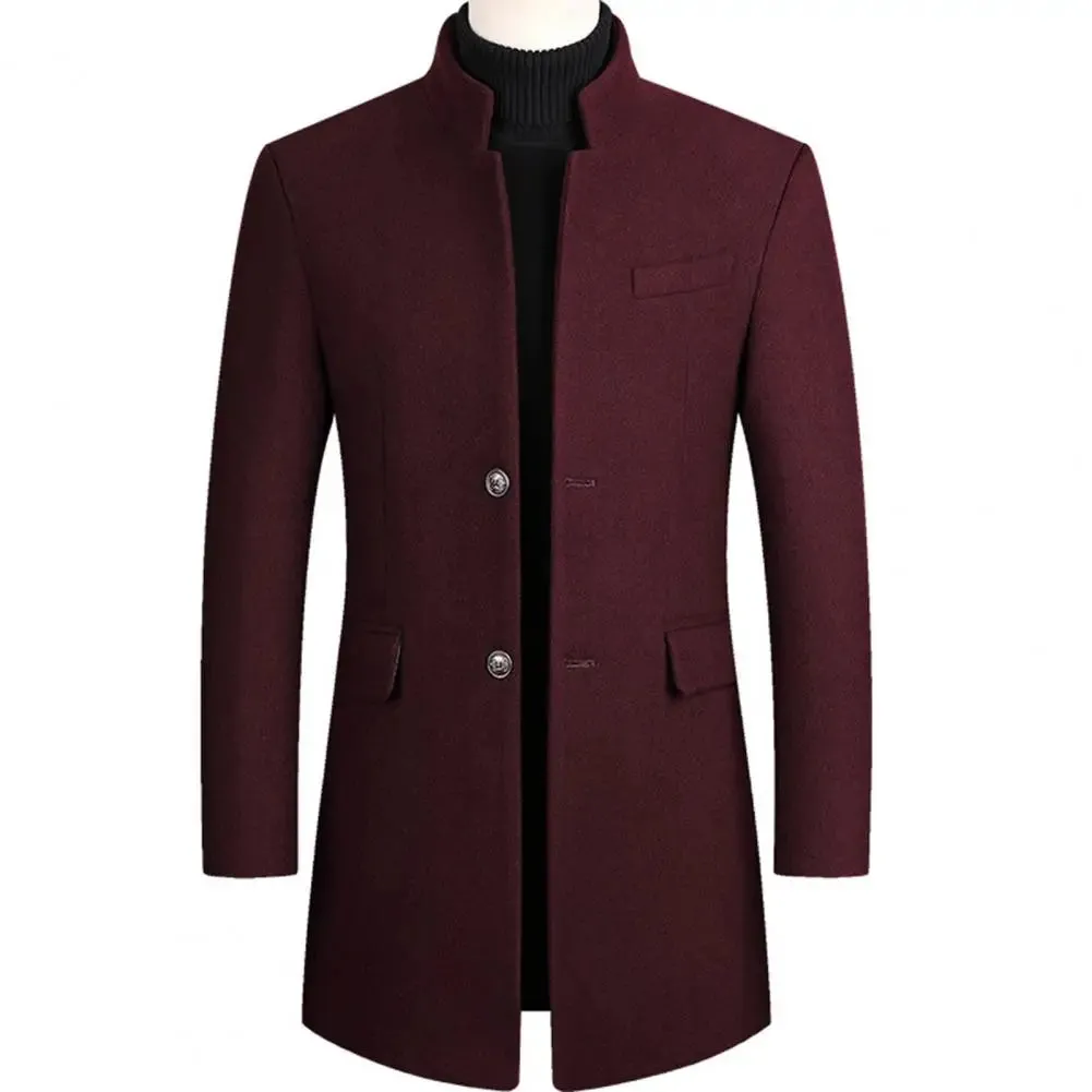 Casual Men Trench Coat Streetwear Windbreaker Coat Stand Collar Windproof Pure Color Coat  Single Breasted