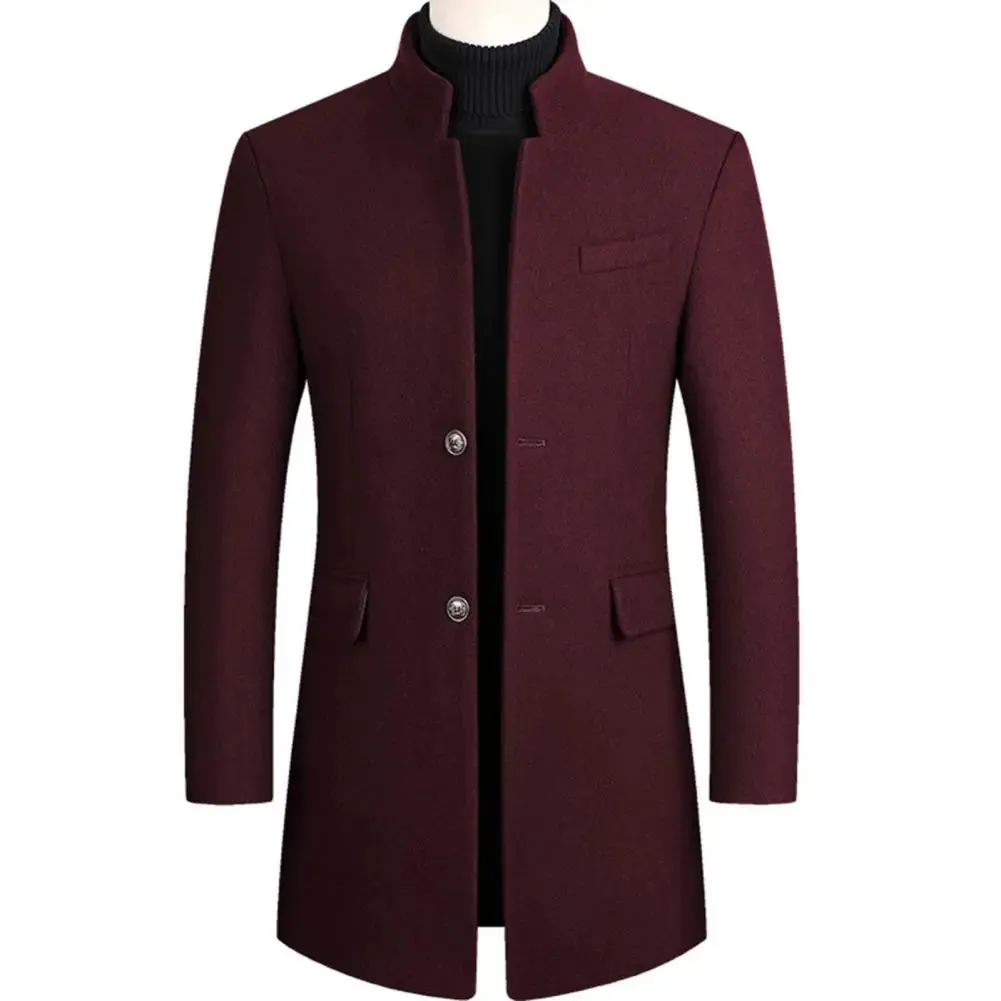Casual Men Trench Coat Streetwear Windbreaker Coat Stand Collar Windproof Pure Color Coat  Single Breasted