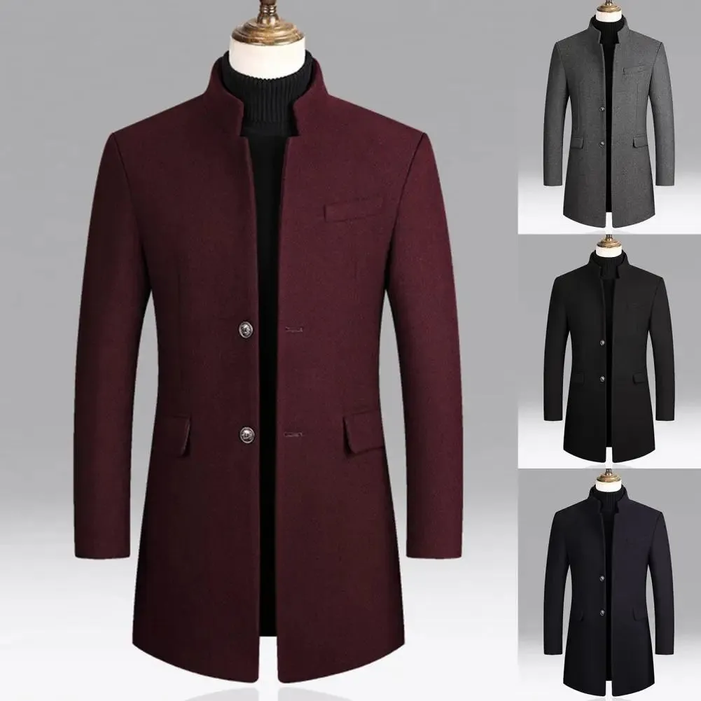 Casual Men Trench Coat Streetwear Windbreaker Coat Stand Collar Windproof Pure Color Coat  Single Breasted