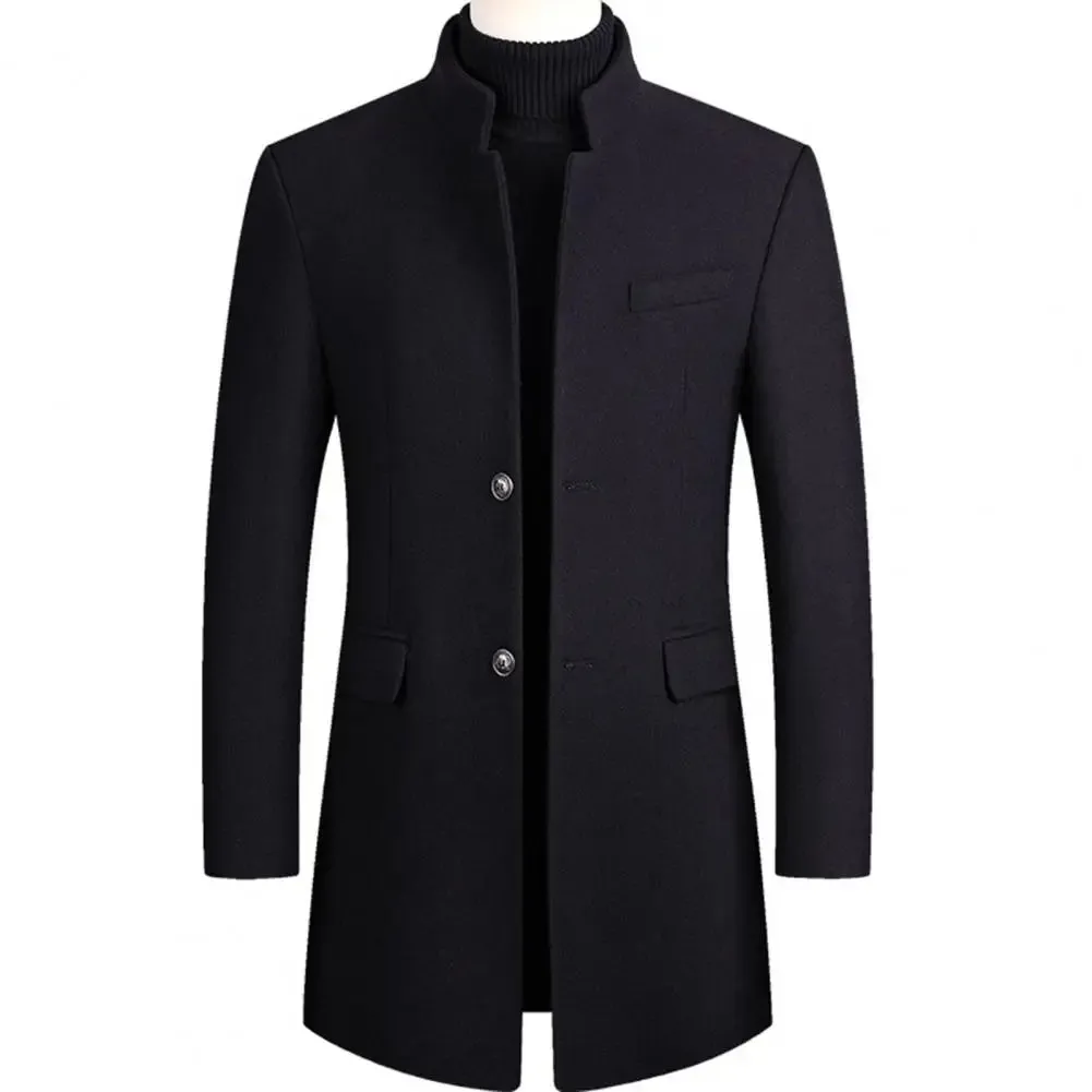 Casual Men Trench Coat Streetwear Windbreaker Coat Stand Collar Windproof Pure Color Coat  Single Breasted
