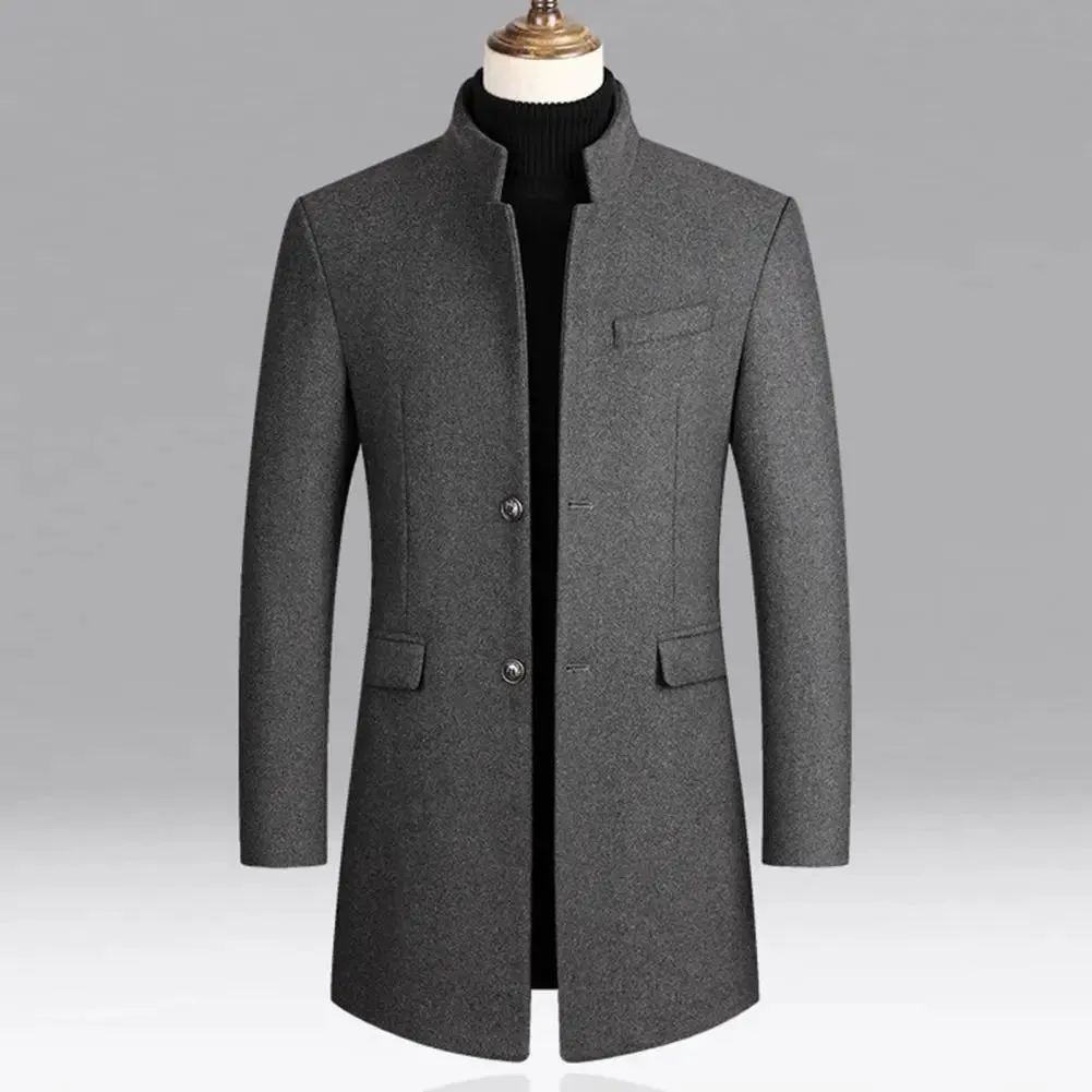 Casual Men Trench Coat Streetwear Windbreaker Coat Stand Collar Windproof Pure Color Coat  Single Breasted