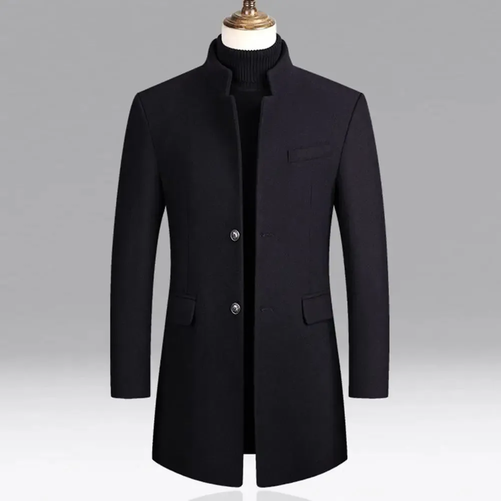 Casual Men Trench Coat Streetwear Windbreaker Coat Stand Collar Windproof Pure Color Coat  Single Breasted