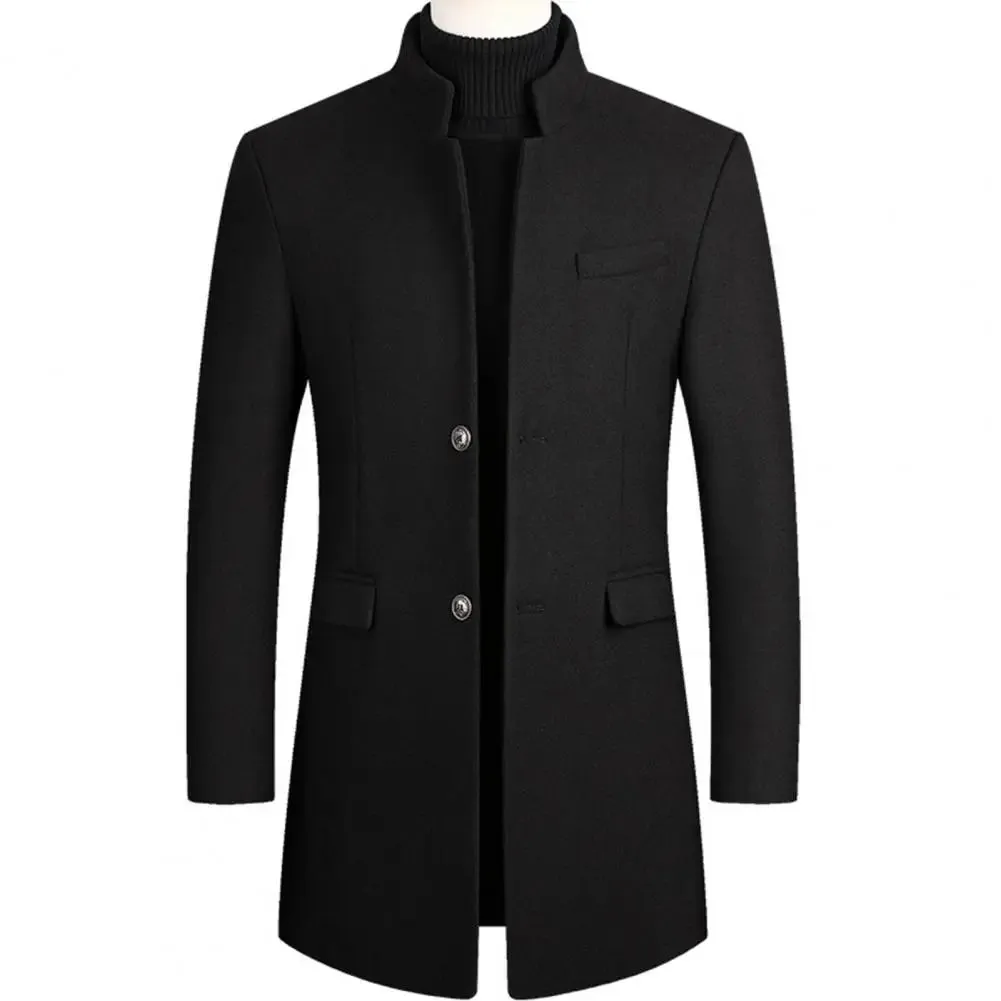 Casual Men Trench Coat Streetwear Windbreaker Coat Stand Collar Windproof Pure Color Coat  Single Breasted