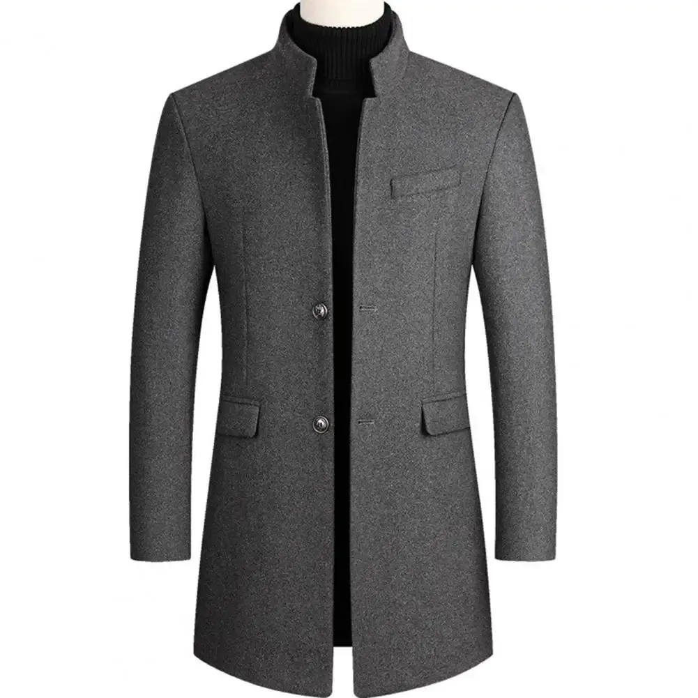 Casual Men Trench Coat Streetwear Windbreaker Coat Stand Collar Windproof Pure Color Coat  Single Breasted