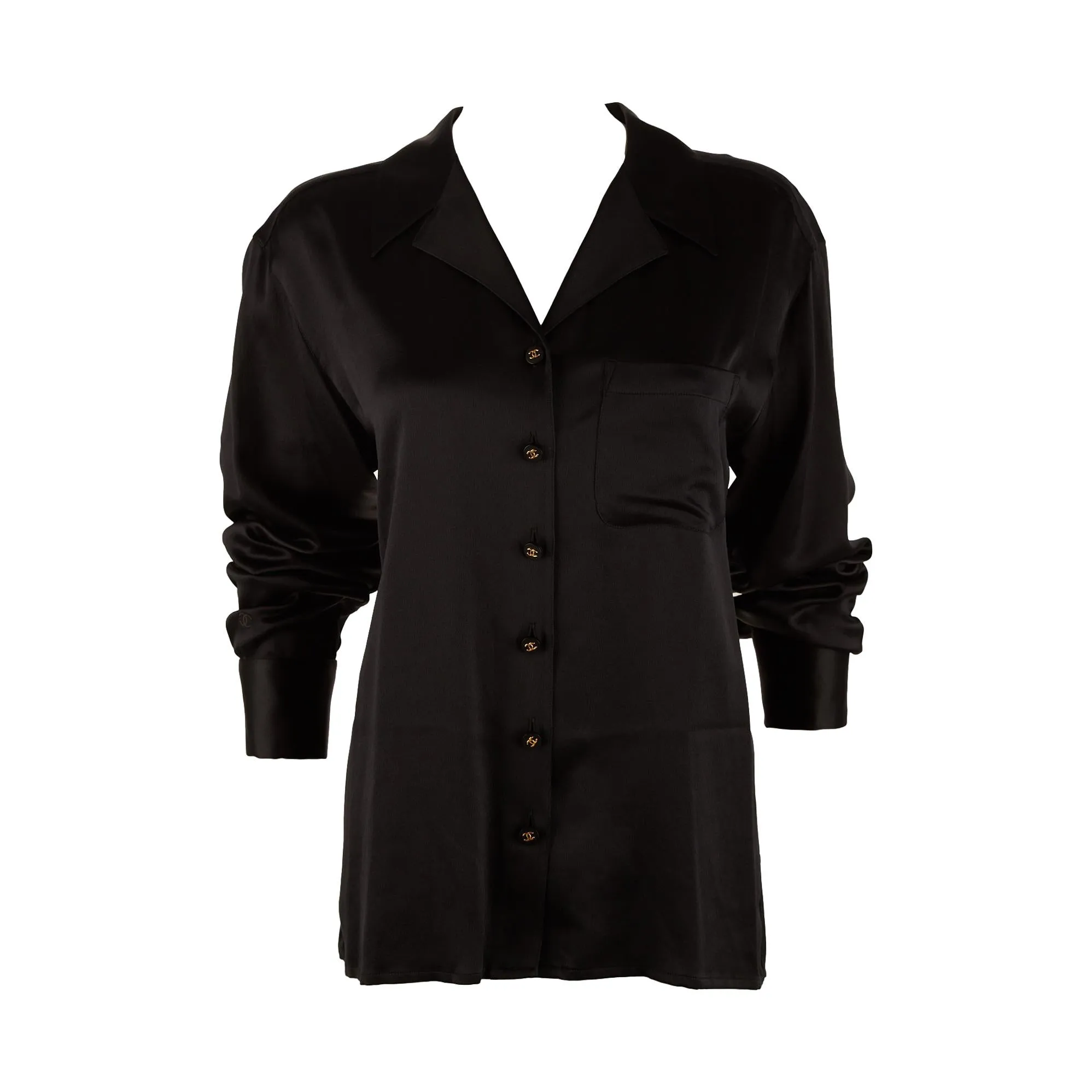 Chanel Black Logo Silk Button Down