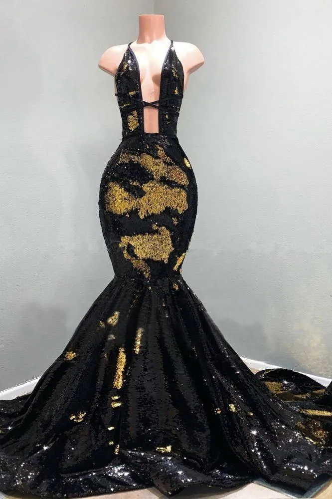 Chic Hollow Neckline Gold and Black Long Train Mermaid Evening Dresses