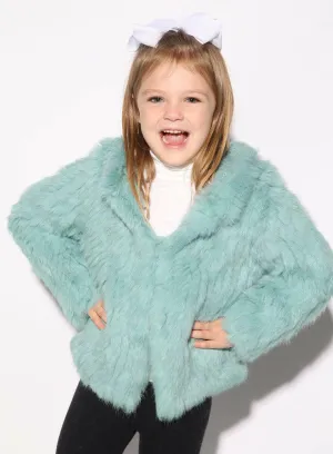 Children's Turquoise Knitted Rabbit Fur Jacket with Hood