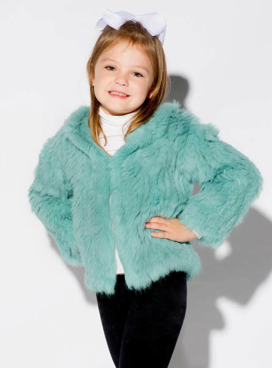 Children's Turquoise Knitted Rabbit Fur Jacket with Hood