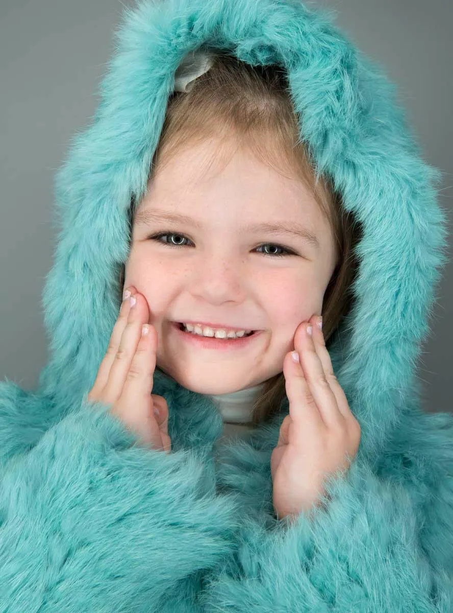 Children's Turquoise Knitted Rabbit Fur Jacket with Hood