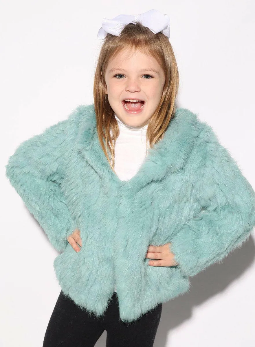 Children's Turquoise Knitted Rabbit Fur Jacket with Hood