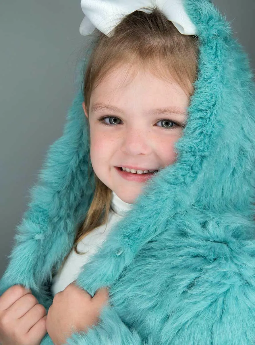 Children's Turquoise Knitted Rabbit Fur Jacket with Hood