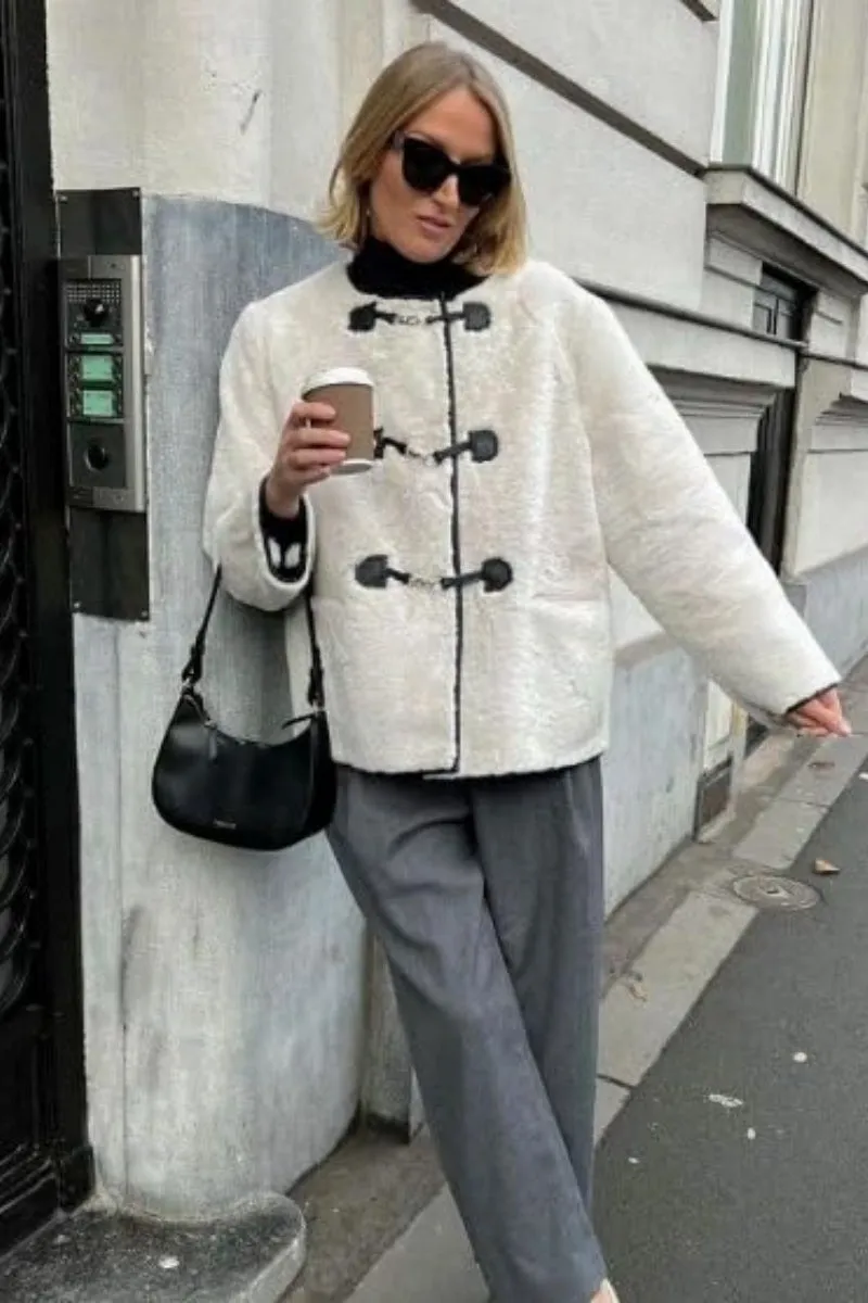 Chouyatou Women's Collarless Button Down Sherpa Fleece Jacket Loose Long Sleeve Outwear Coat With Pockets