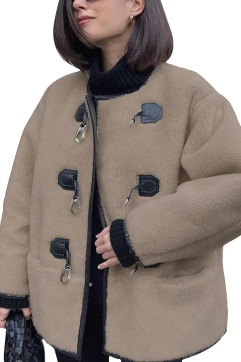 Chouyatou Women's Collarless Button Down Sherpa Fleece Jacket Loose Long Sleeve Outwear Coat With Pockets