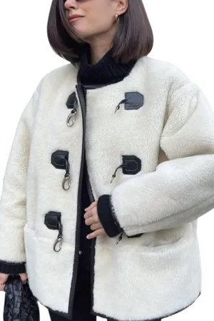 Chouyatou Women's Collarless Button Down Sherpa Fleece Jacket Loose Long Sleeve Outwear Coat With Pockets