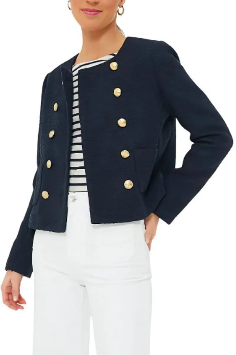Chouyatou Women's Double Breasted Tweed Blazer Jacket Business Casual Dressy Tweed Jacket Office Work Suit