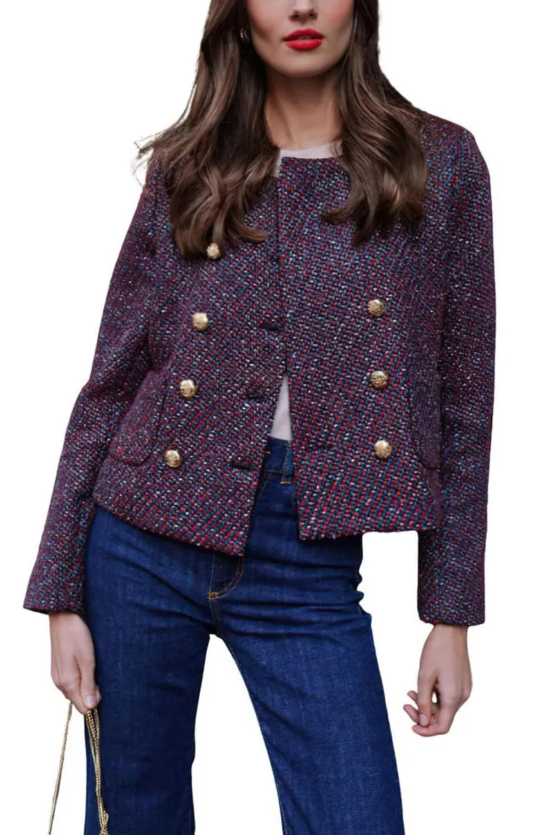 Chouyatou Women's Double Breasted Tweed Blazer Jacket Business Casual Dressy Tweed Jacket Office Work Suit