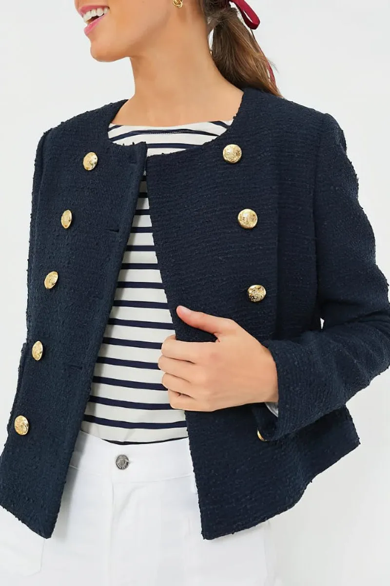Chouyatou Women's Double Breasted Tweed Blazer Jacket Business Casual Dressy Tweed Jacket Office Work Suit