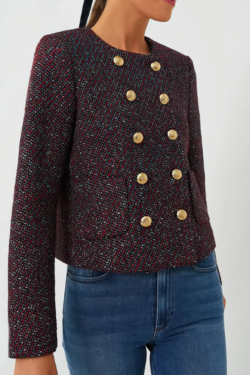 Chouyatou Women's Double Breasted Tweed Blazer Jacket Business Casual Dressy Tweed Jacket Office Work Suit