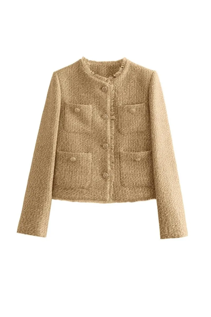 Chouyatou Women's Fall Business Casual Tweed Jacket Button Down Fringed Tassel Office Work Blazer Coat