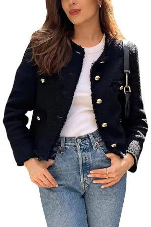 Chouyatou Women's Fall Business Casual Tweed Jacket Button Down Fringed Tassel Office Work Blazer Coat