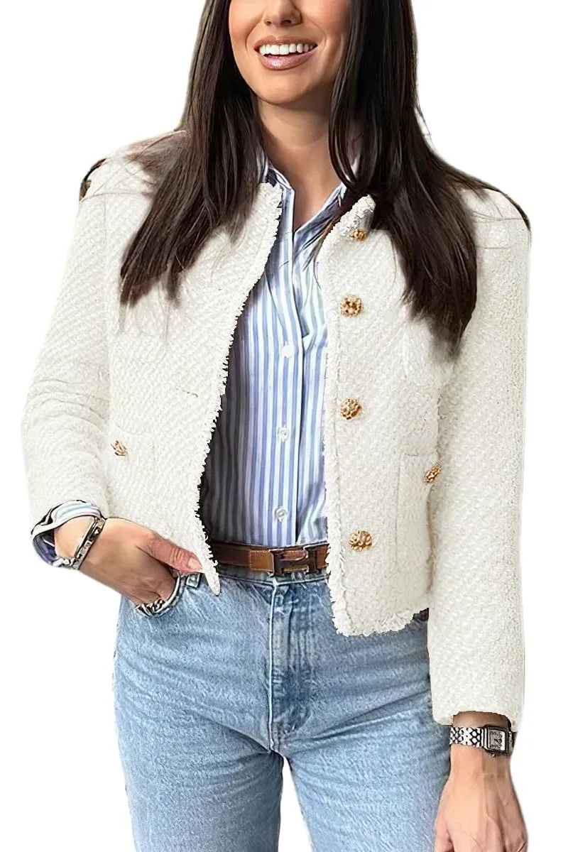 Chouyatou Women's Fall Business Casual Tweed Jacket Button Down Fringed Tassel Office Work Blazer Coat