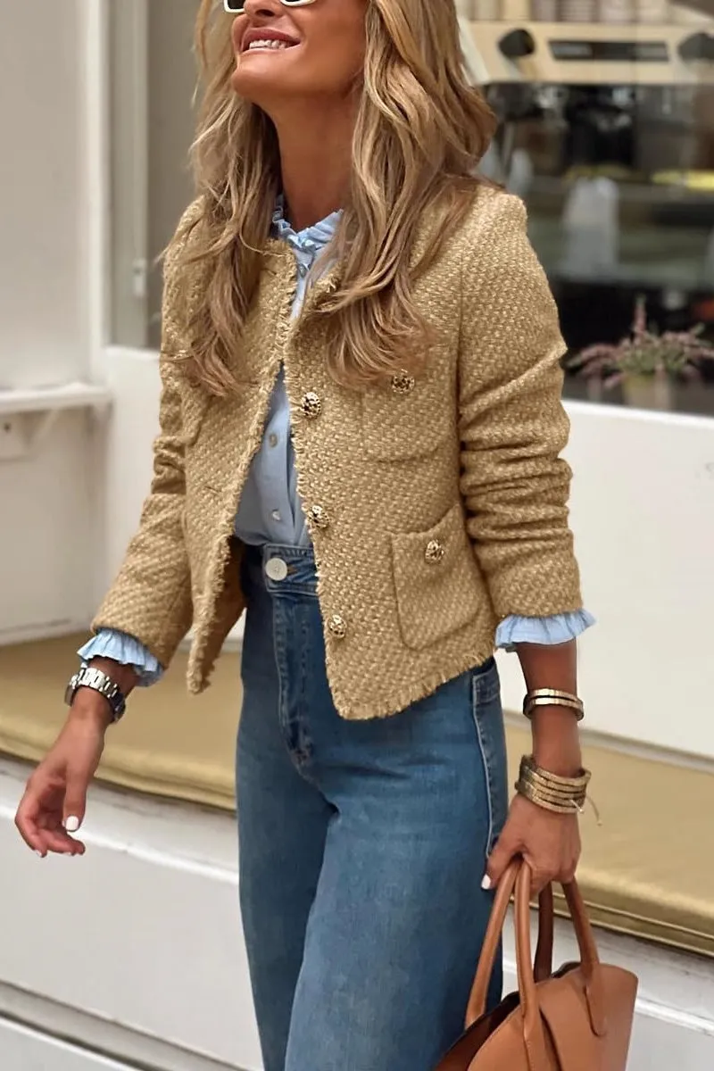 Chouyatou Women's Fall Business Casual Tweed Jacket Button Down Fringed Tassel Office Work Blazer Coat