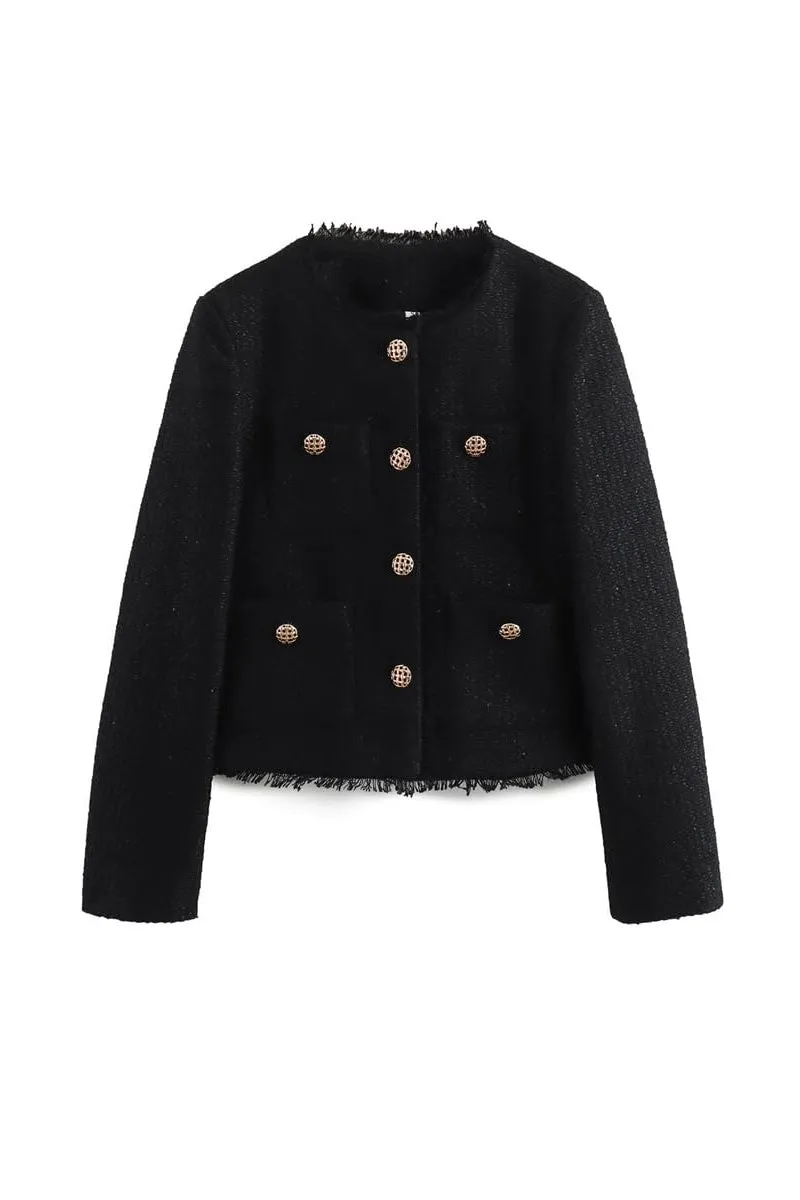 Chouyatou Women's Fall Business Casual Tweed Jacket Button Down Fringed Tassel Office Work Blazer Coat