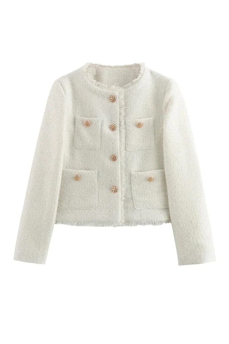 Chouyatou Women's Fall Business Casual Tweed Jacket Button Down Fringed Tassel Office Work Blazer Coat