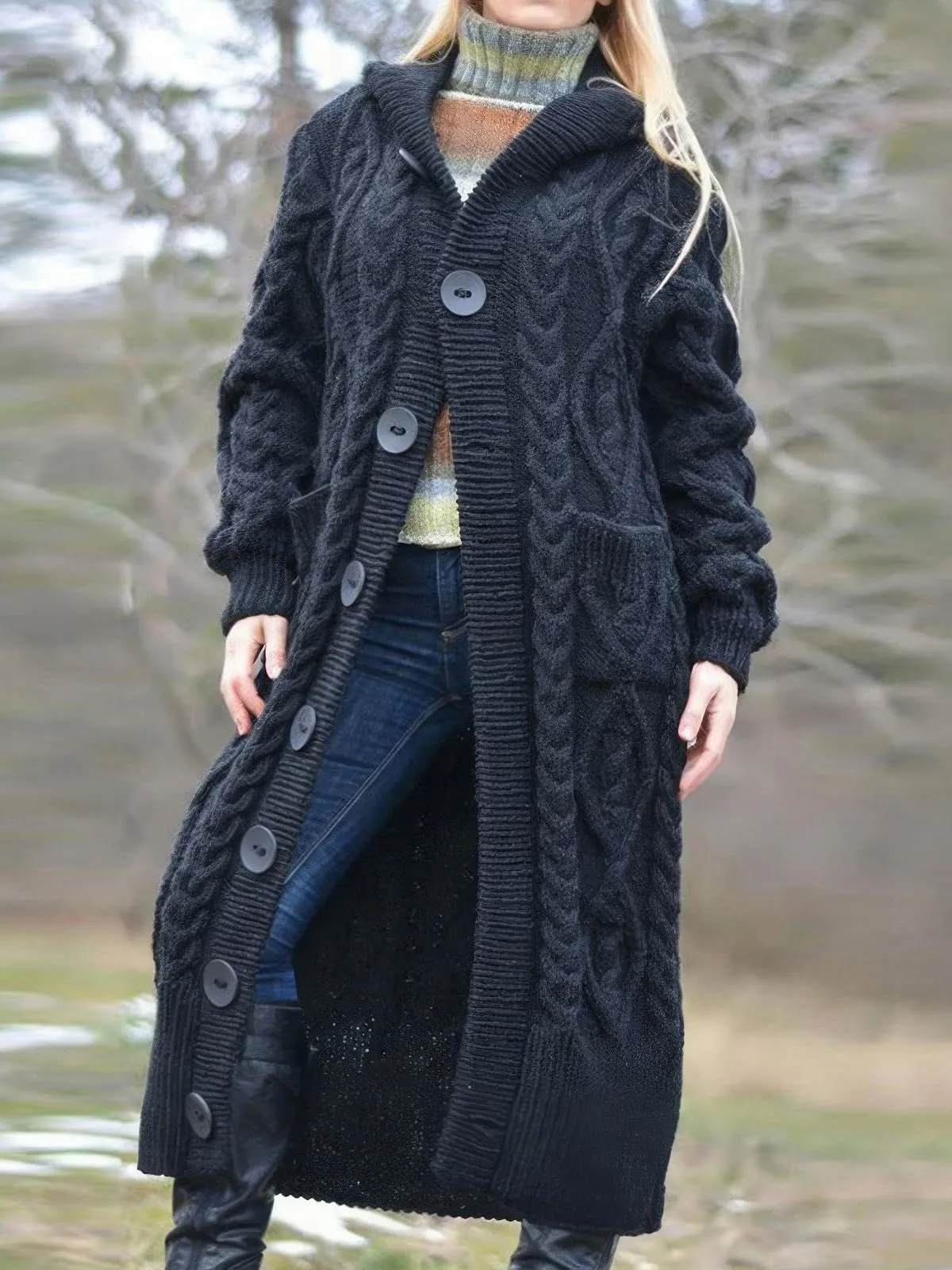 Chouyatou Women's Long Sleeve Hooded Cardigan Chunky Cable Knit Plus Size Over Knee Duster Coat with Pockets