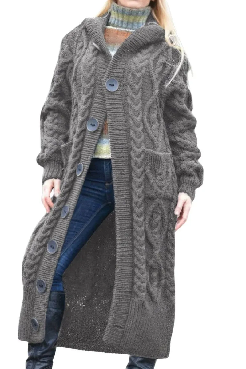 Chouyatou Women's Long Sleeve Hooded Cardigan Chunky Cable Knit Plus Size Over Knee Duster Coat with Pockets