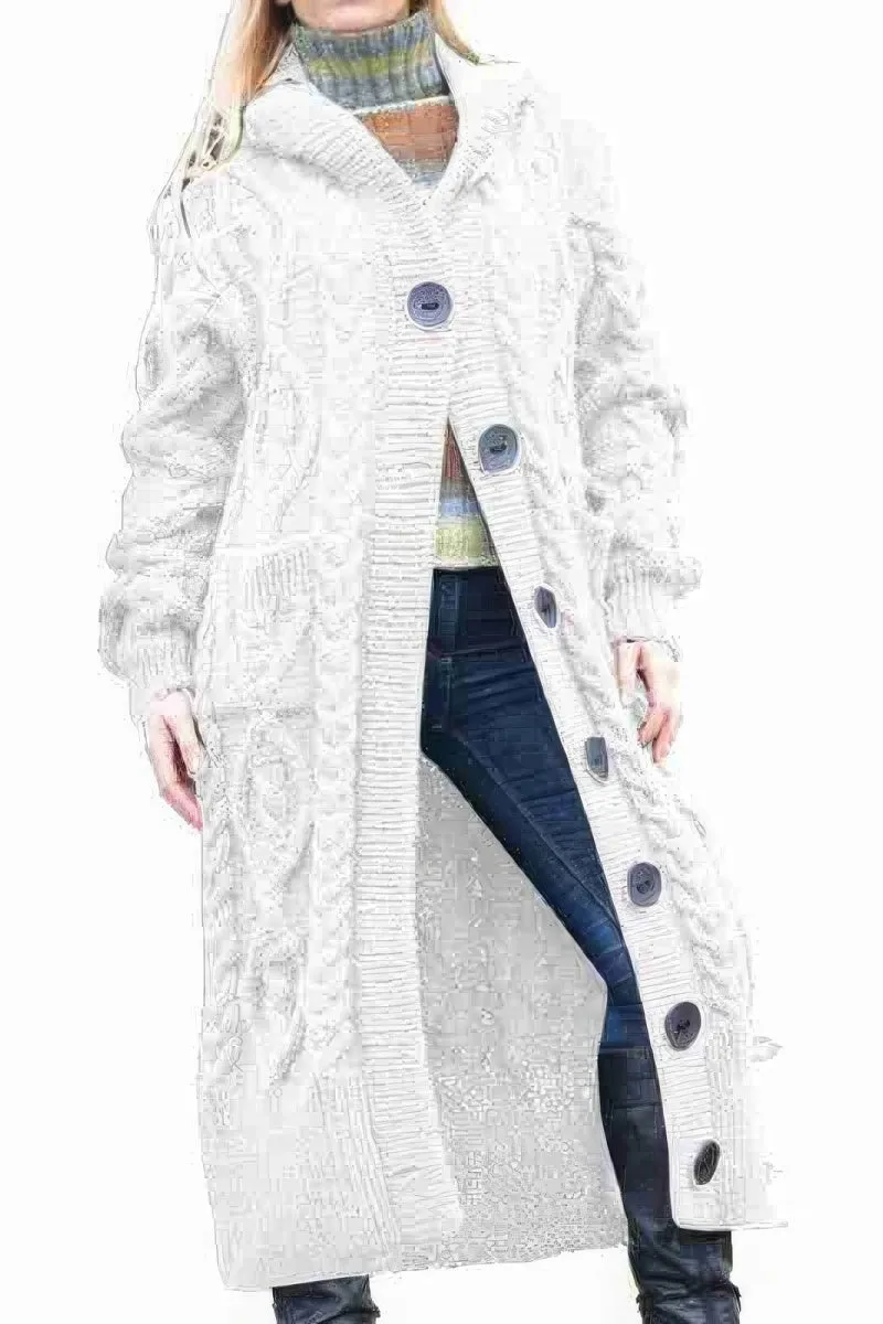 Chouyatou Women's Long Sleeve Hooded Cardigan Chunky Cable Knit Plus Size Over Knee Duster Coat with Pockets