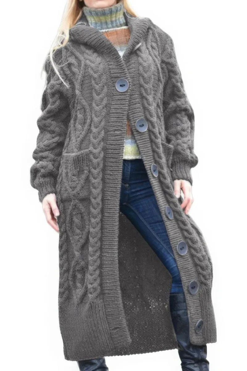 Chouyatou Women's Long Sleeve Hooded Cardigan Chunky Cable Knit Plus Size Over Knee Duster Coat with Pockets