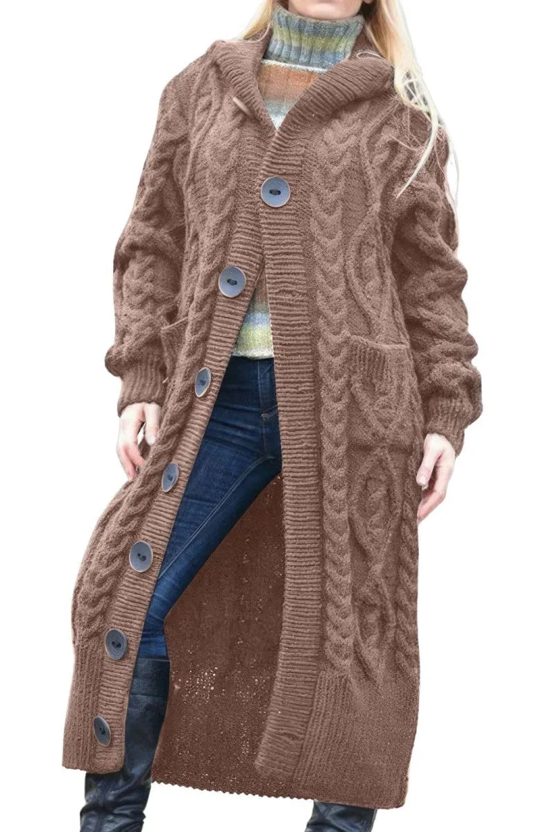 Chouyatou Women's Long Sleeve Hooded Cardigan Chunky Cable Knit Plus Size Over Knee Duster Coat with Pockets