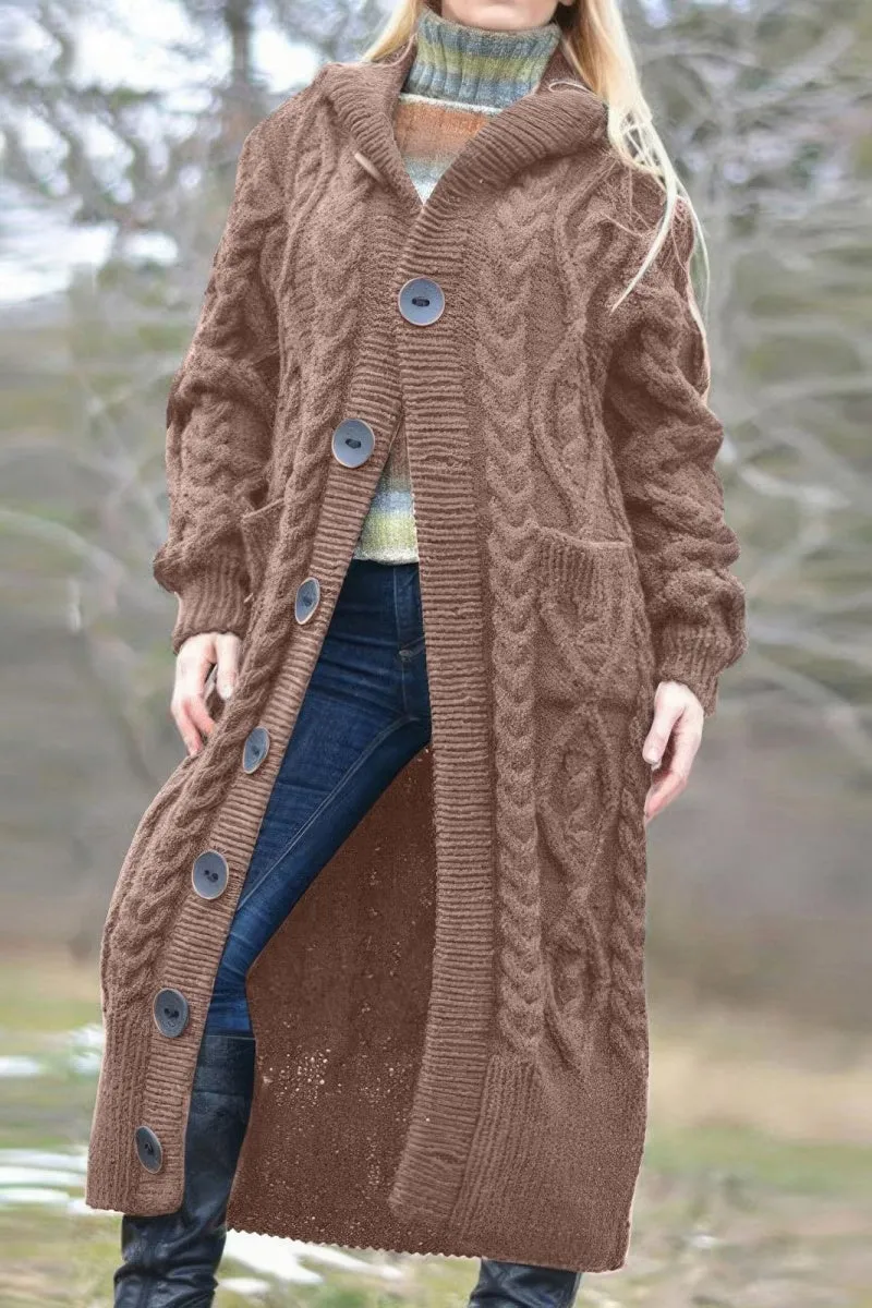 Chouyatou Women's Long Sleeve Hooded Cardigan Chunky Cable Knit Plus Size Over Knee Duster Coat with Pockets