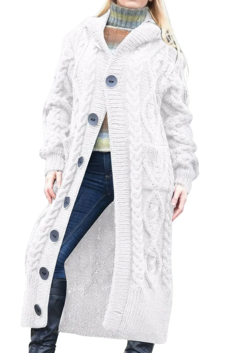 Chouyatou Women's Long Sleeve Hooded Cardigan Chunky Cable Knit Plus Size Over Knee Duster Coat with Pockets