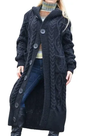 Chouyatou Women's Long Sleeve Hooded Cardigan Chunky Cable Knit Plus Size Over Knee Duster Coat with Pockets